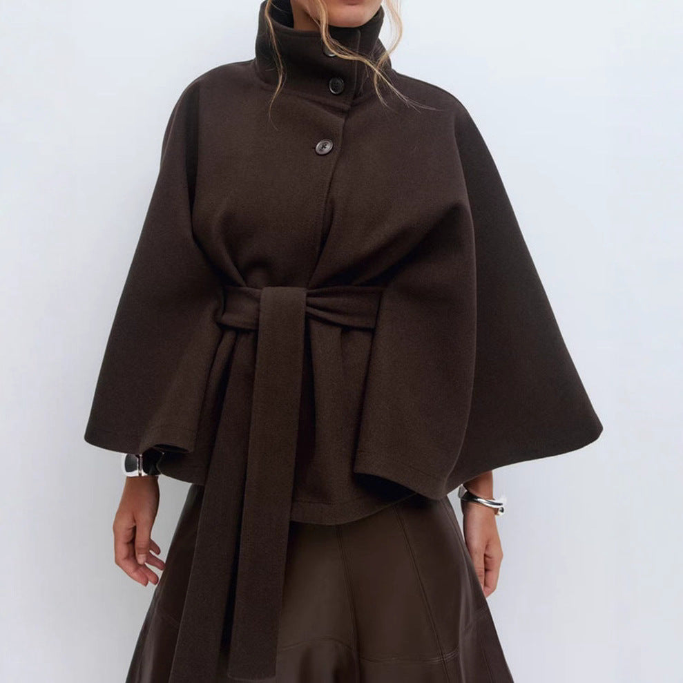Short women's jacket with a belt at the waist and a high collar - J&B; - 5 - Elvaroza.com