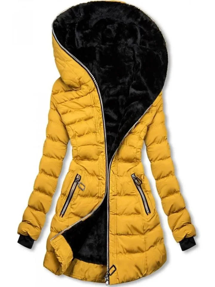 Women's down jacket with a hood, front zipper, and side pockets - J&B; - 2 - Elvaroza.com